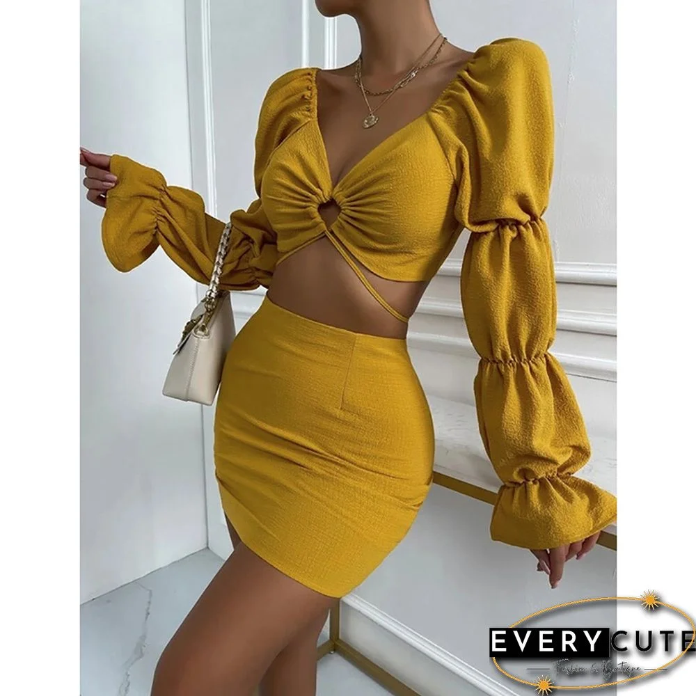 Yellow Hollow-out V Neck Crop Top and Skirts 2pcs Set