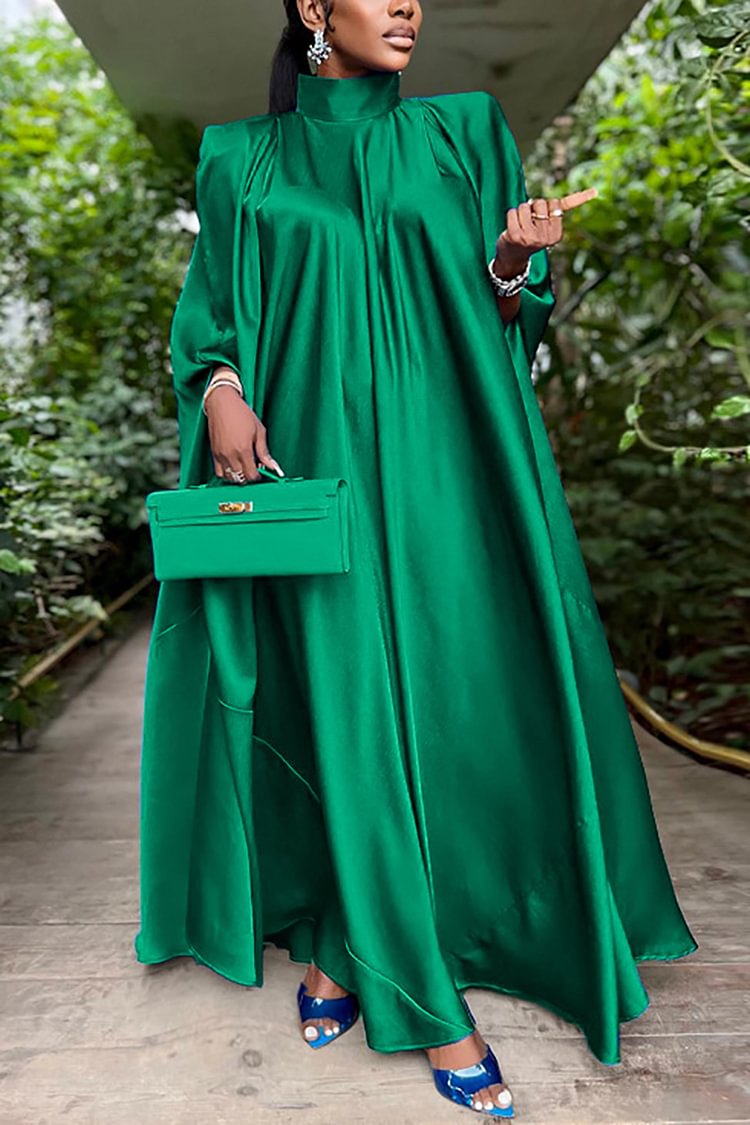 Xpluswear Plus Size Green Satin Tunic Church Long Sleeve Maxi Dress