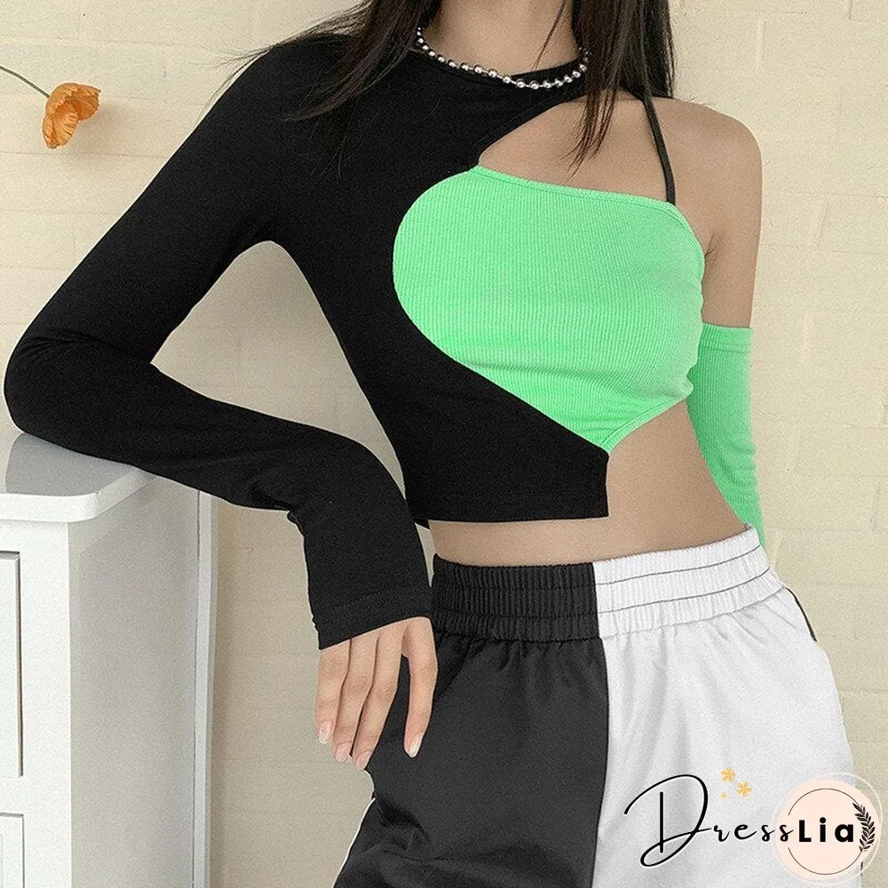 E-girl Punk Style Open Shoulder Hollow Out Patchwork T-shirts Y2K Fashion O-neck Long Sleeve Crop Green Tops Partywear
