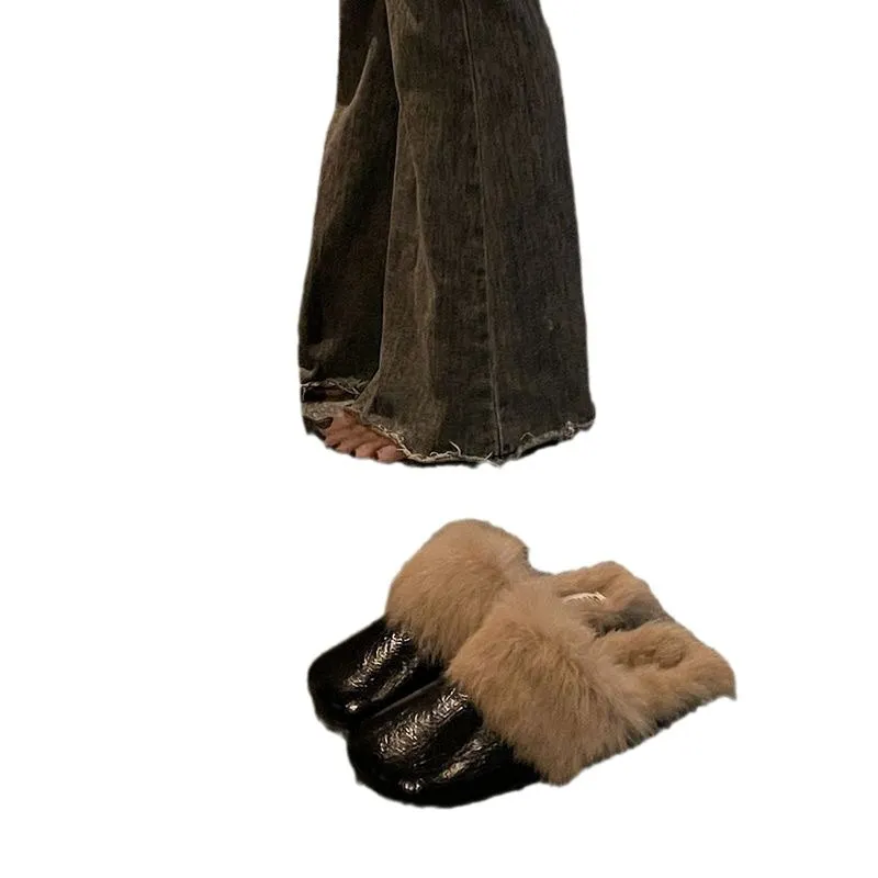 Breakj Breakj Wool Head Half Slippers Women Wear Plus Plus Velvet 2025 New Autumn And Winter Square Head Muller Plush Warm Cotton Drag