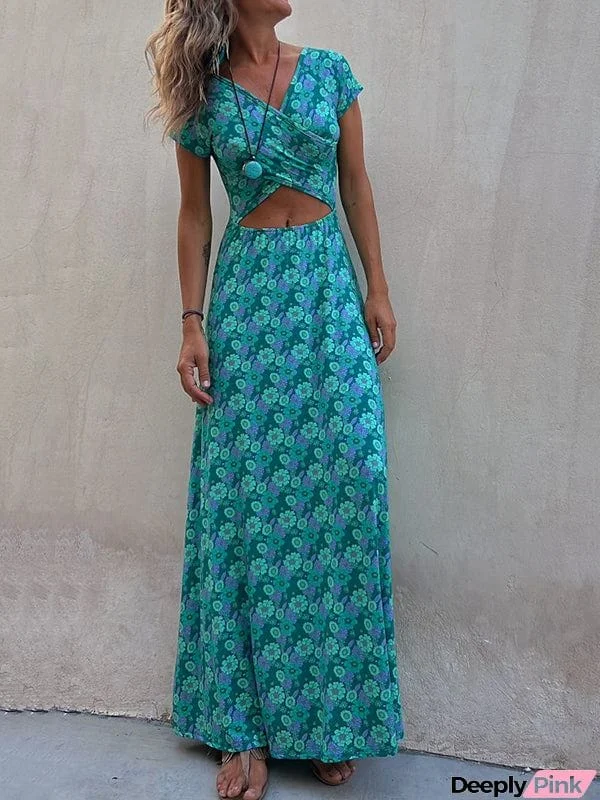 Short Sleeves Elasticity Flower Print Hollow Reversible U-Neck Maxi Dresses