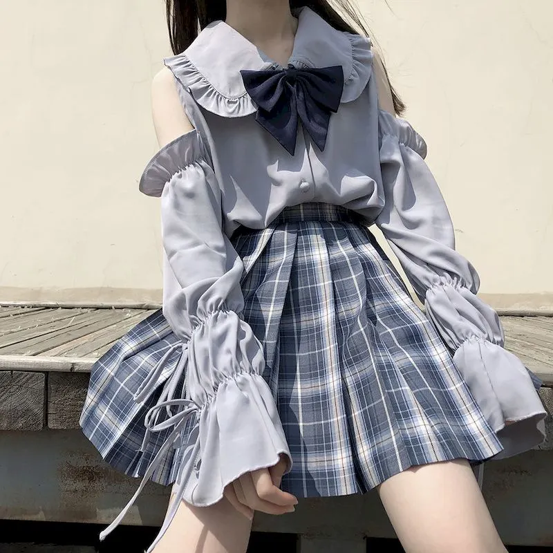 NiceMix harajuku blouse and plaid skirts 2 piece set women clothes tracksuit summer  preppy clothe loose two pieces set