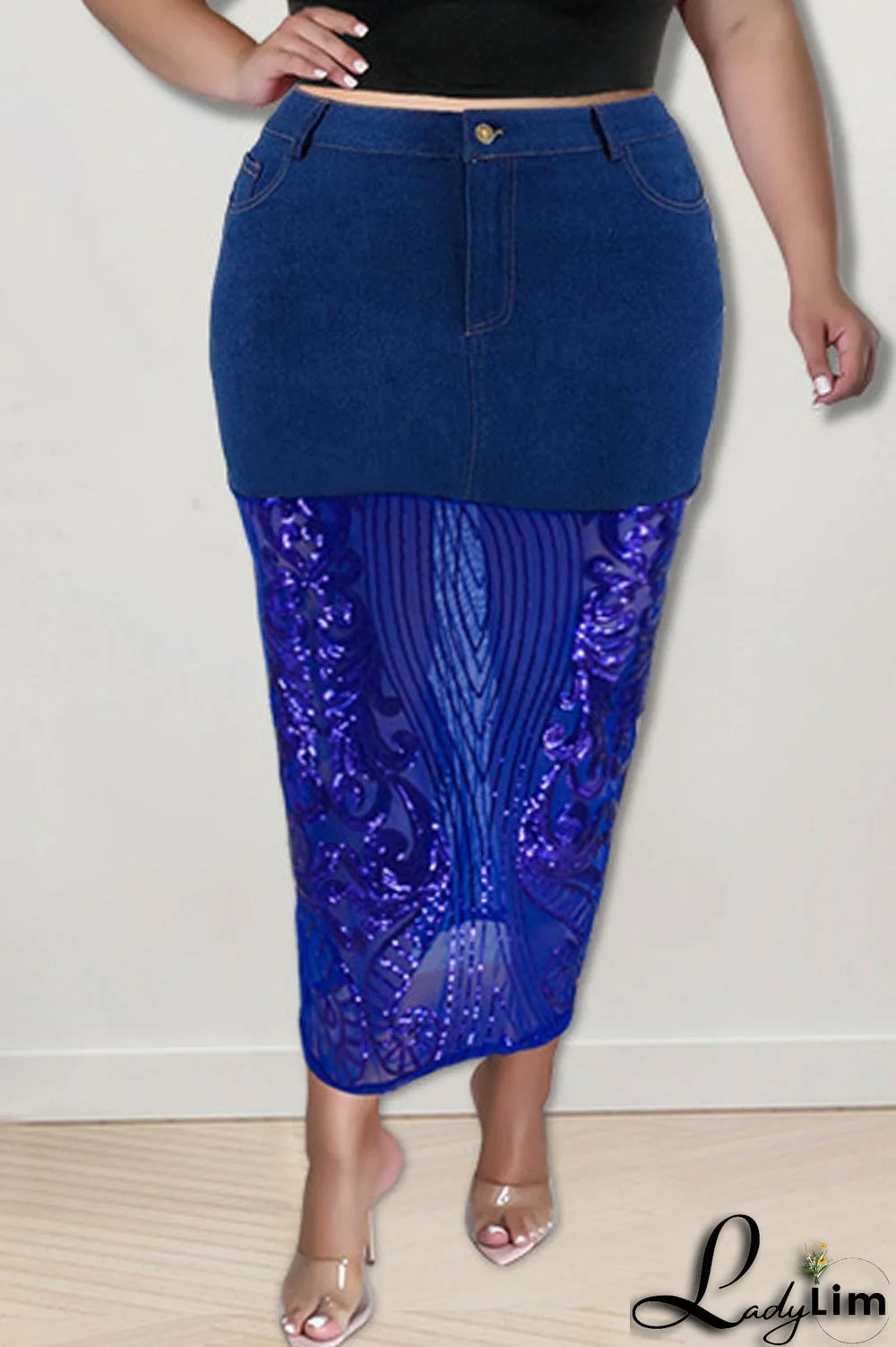 Deep Blue Sexy Solid Embroidered Sequins Patchwork High Waist Denim Skirts