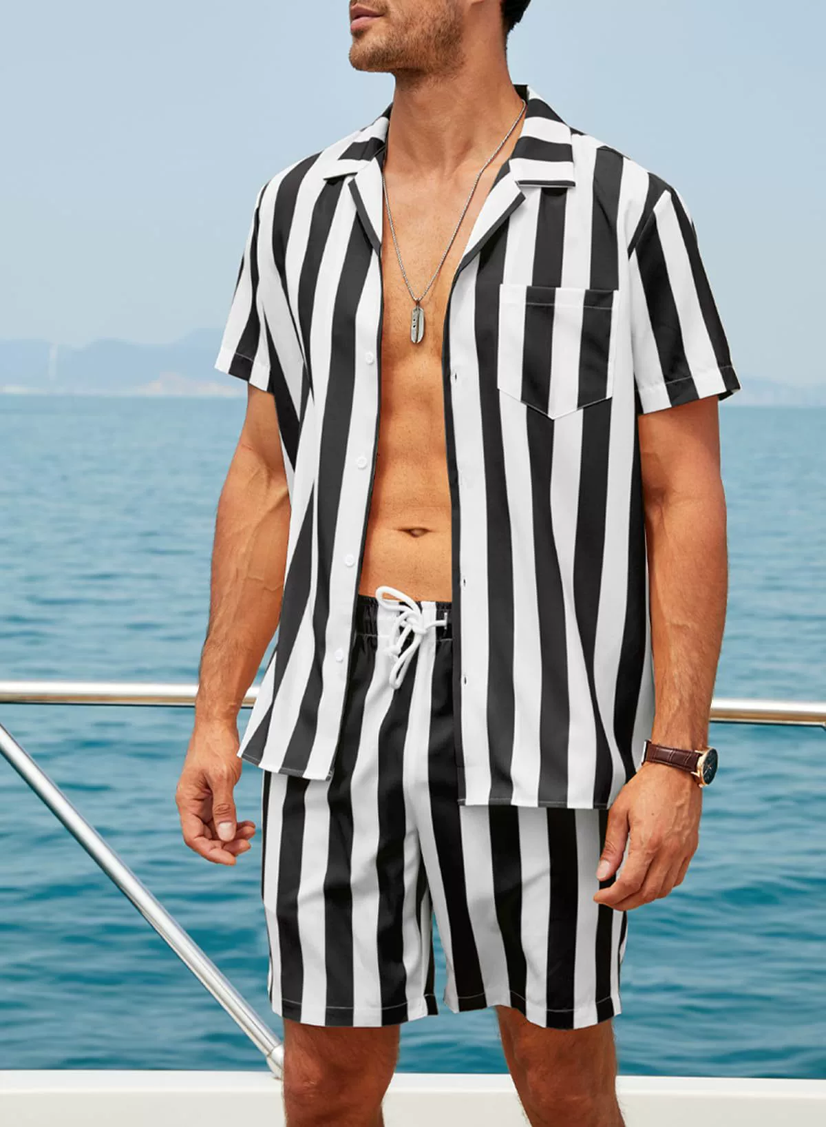 Men's Classic Casual Striped Digital Print Cuban Collar Shirt Shorts Two-Piece Set