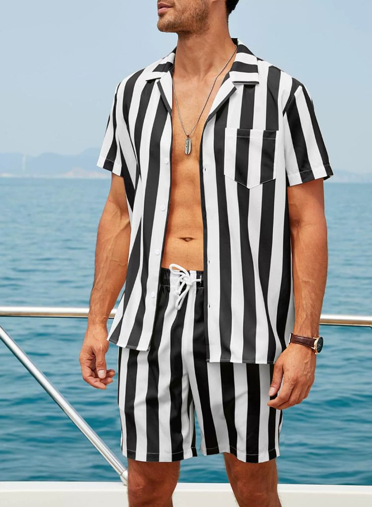 Men's Classic Casual Striped Digital Print Cuban Collar Shirt Shorts Two-Piece Set