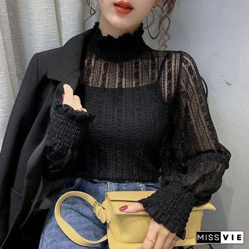 Fashion Women Lace Mesh Blouses Elegant See Through Sexy Stand Collar Spring  Autumn Bottoming Long Sleeve Ladies Tops