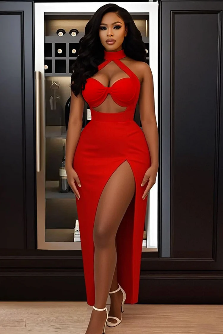 Halter Cutout High Slit Slim-Fit Party Maxi Dresses-White [Pre Order]