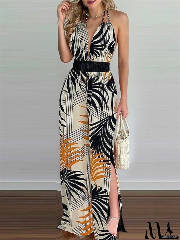 MidiSono - Women's Sexy Backless Digital Print Halter Side Slit Jumpsuit