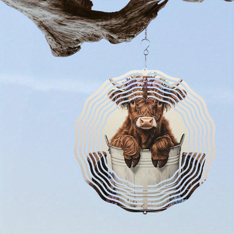 Tegooe Tegooe 2D Metal Highland Cow Wind Chime Spinner - Floral Print Art