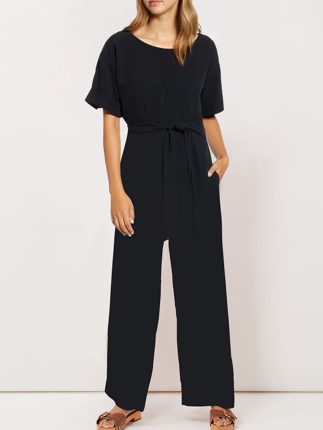 Crew Neck Tie Front Rolled Sleeve Jumpsuit