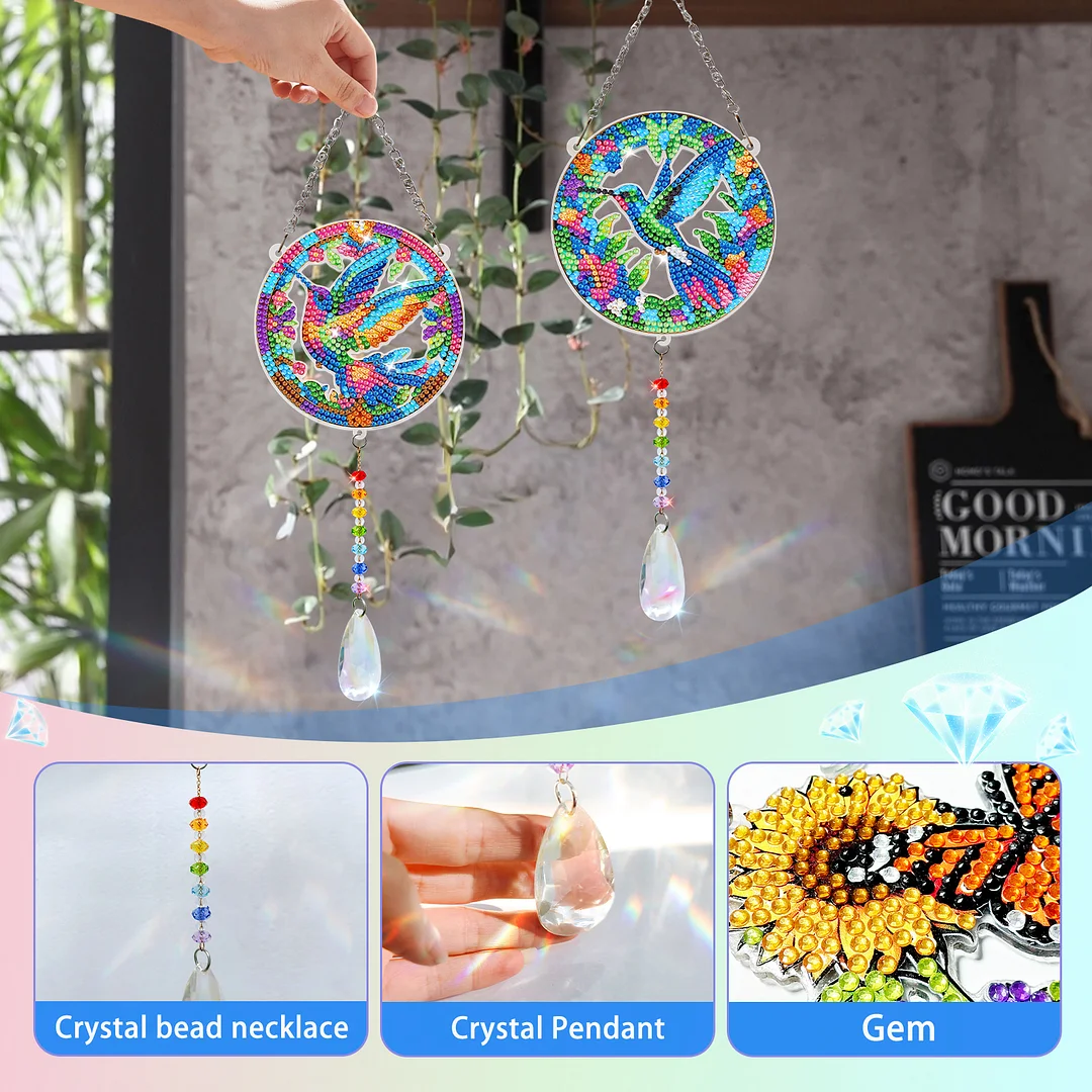 2Pcs Hummingbird DIY Acrylic Diamond Painting Art Wind Chimes with Crystal Pendant Diamond Art Hanging Pendant Double-Sided for Adults Beginners Gift Home Garden Decor