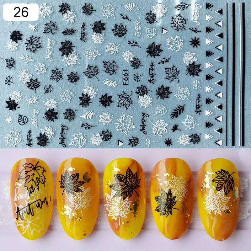 1pcs Black White Letter Stickers For Nails Flower Leaf Linear Transfer Decals Slider 3D Nail Art Decorations Wraps