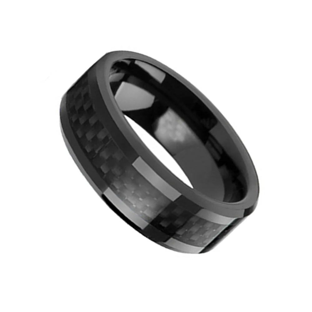 6MM 8MM Tungsten Carbide Men Rings Black Carbon Fiber Inlay Polished With Beveled Edge