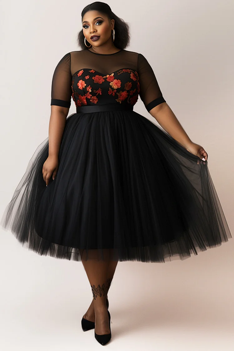 Xpluswear Design Plus Size Semi Formal Elegant Black Floral Round Neck Short Sleeve See Through Mesh Midi Dresses