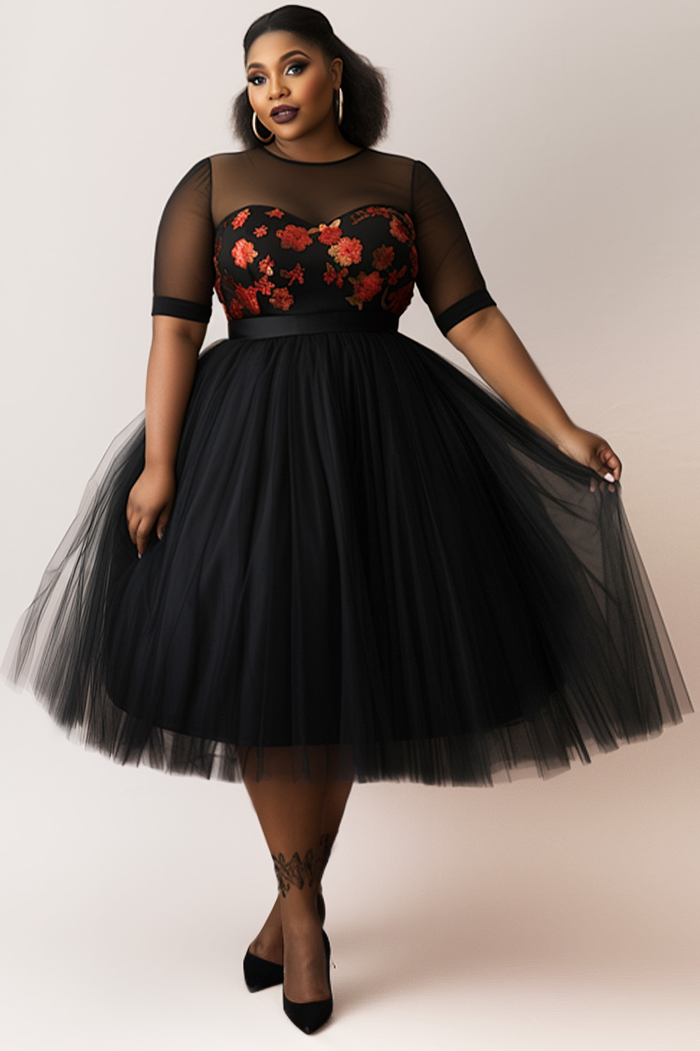 Design Plus Size Semi Formal Elegant Black Floral Round Neck Short Sleeve See Through Mesh Midi Dresses [Pre-Order]