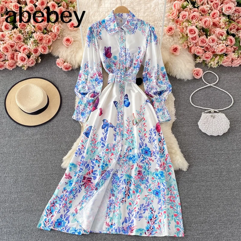 2023 New Spring Autumn Elegant turn down collar long sleeve Dress single breasted high waist lace up print long A-line Dress