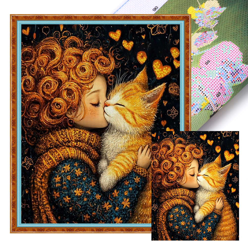 Cat Girl Full 11CT Pre-stamped Canvas(45*55cm) Cross Stitch