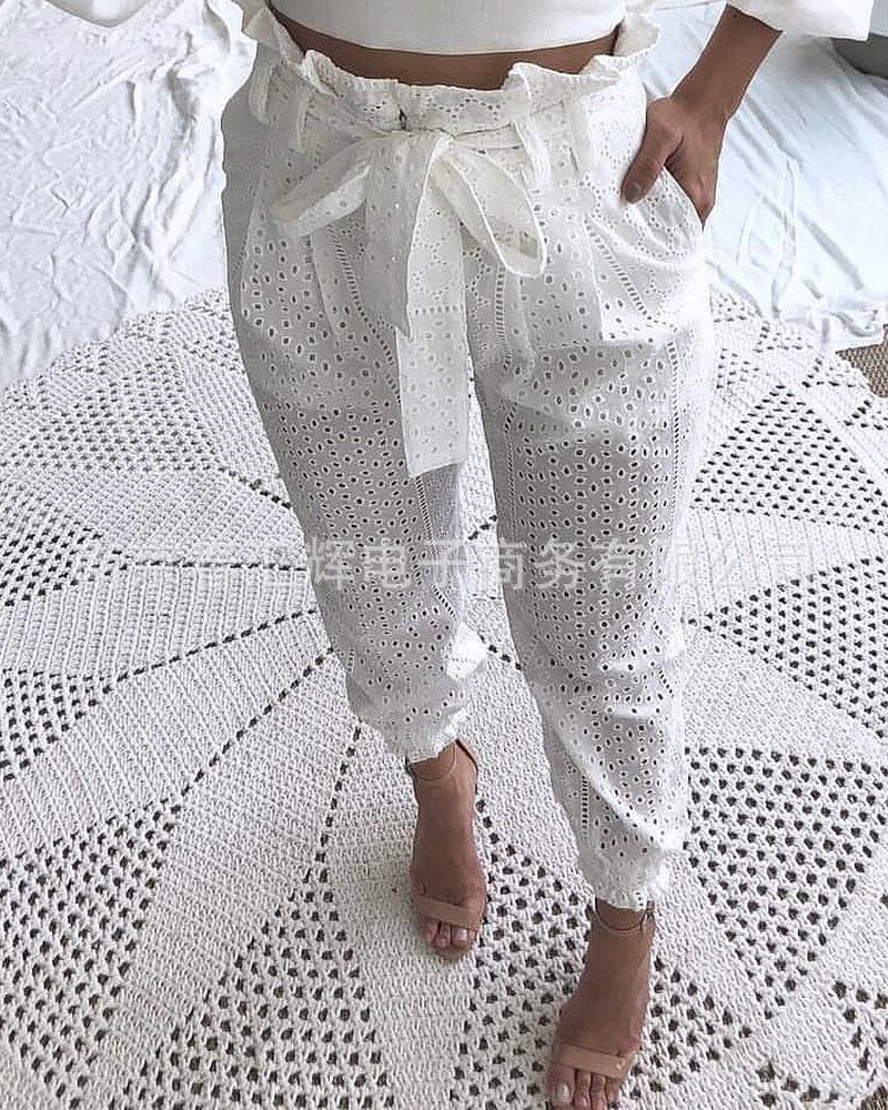 White Hollow Lace Trousers-Belted joggers women  sweat pants  plaid pants  stacked sweatpants  brown patchwork jeans