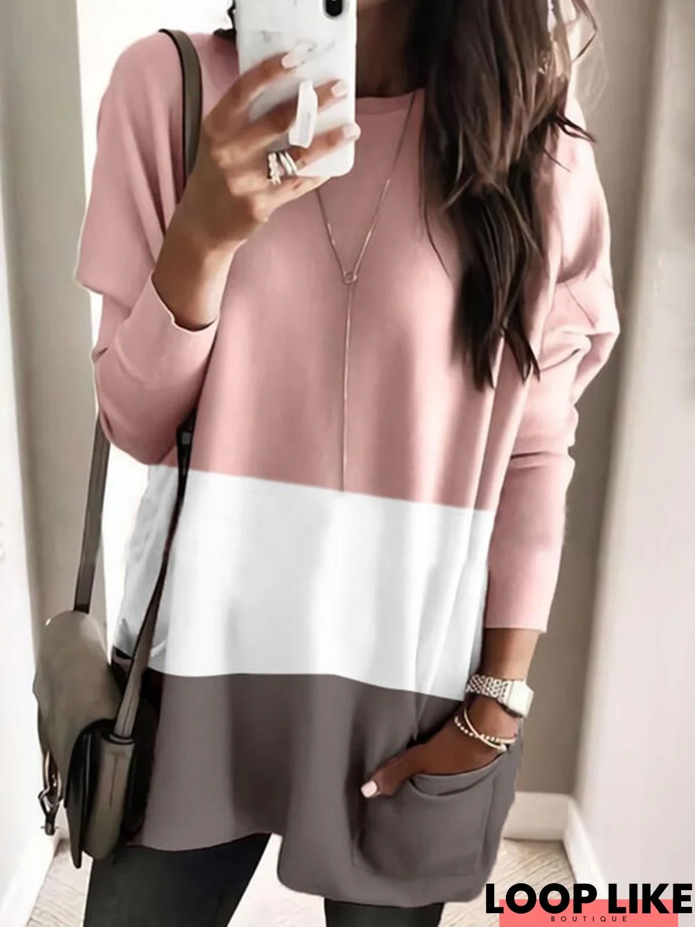 Cotton-Blend Crew Neck Casual Color Block Tunic Blouse