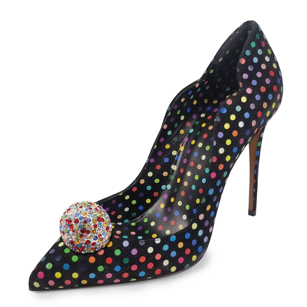 Black Dot Pointed Toe Stiletto Heel Pumps with Rhinestone Decor Nicepairs