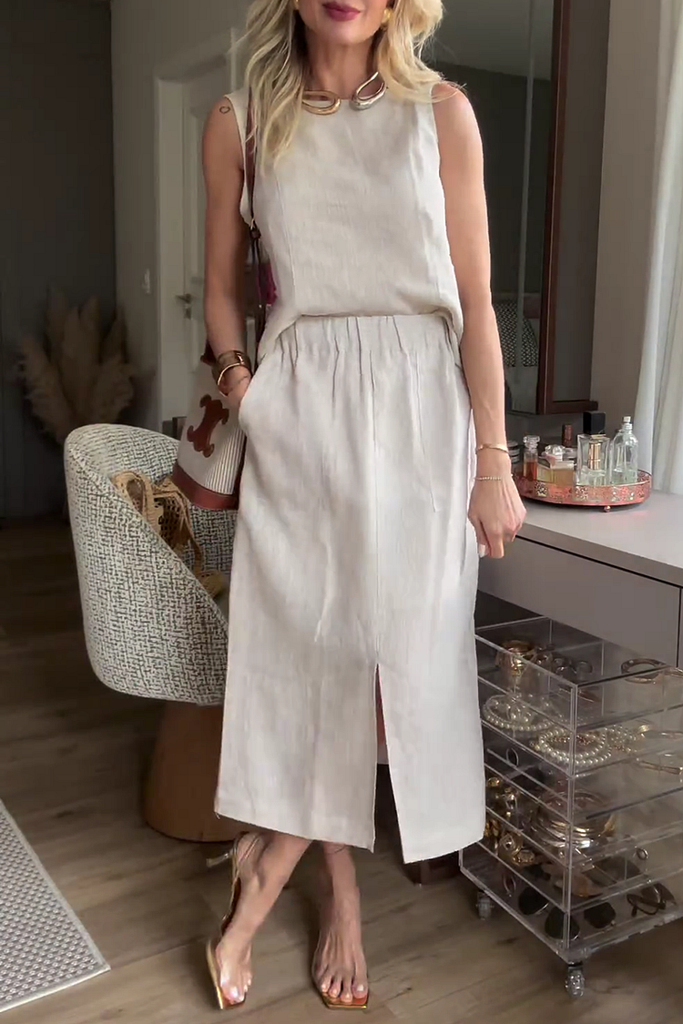 Sleeveless Top Slit High Waist Midi Skirt Linen Matching Set [Pre Order]