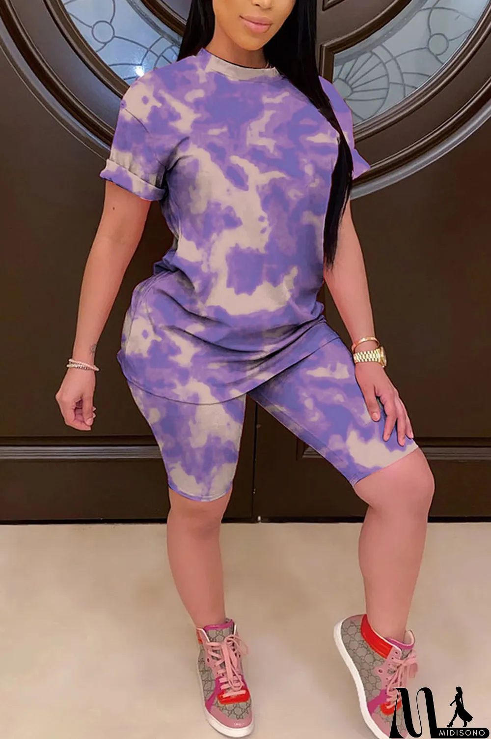 MidiSono - Light yellow Polyester Fashion Casual Print Gradient Two Piece Suits pencil Short Sleeve Two Pieces