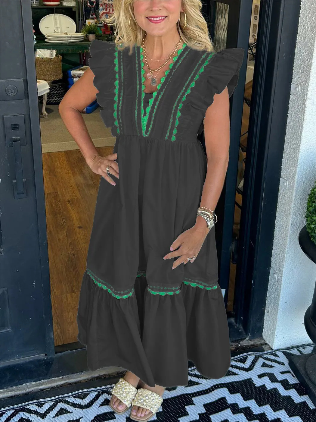 Mature Women Summer Lace Patchwork Ruffled Dress