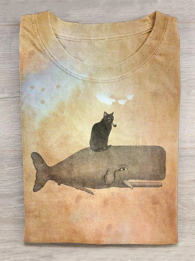 Retro Cat Whale Art Print Casual T-Shirt