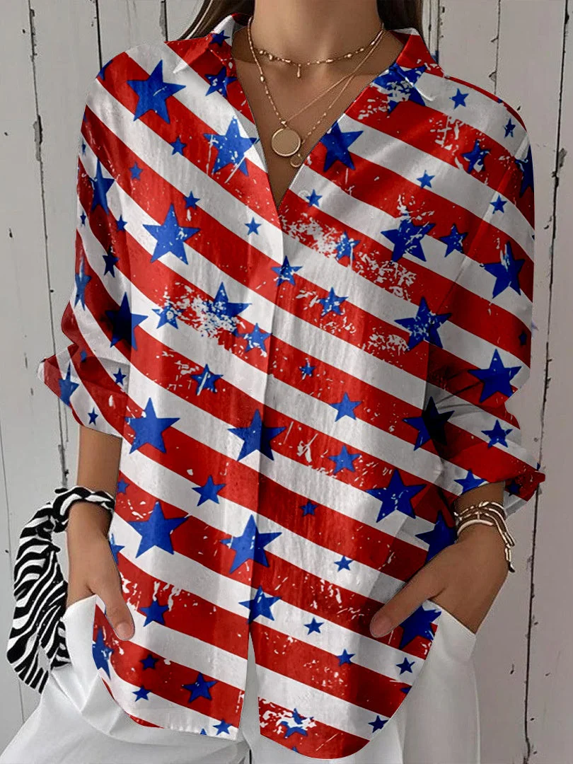 Women 3/4 Sleeve Shirt Collar National Flag Striped Printed Graphic Button Tops