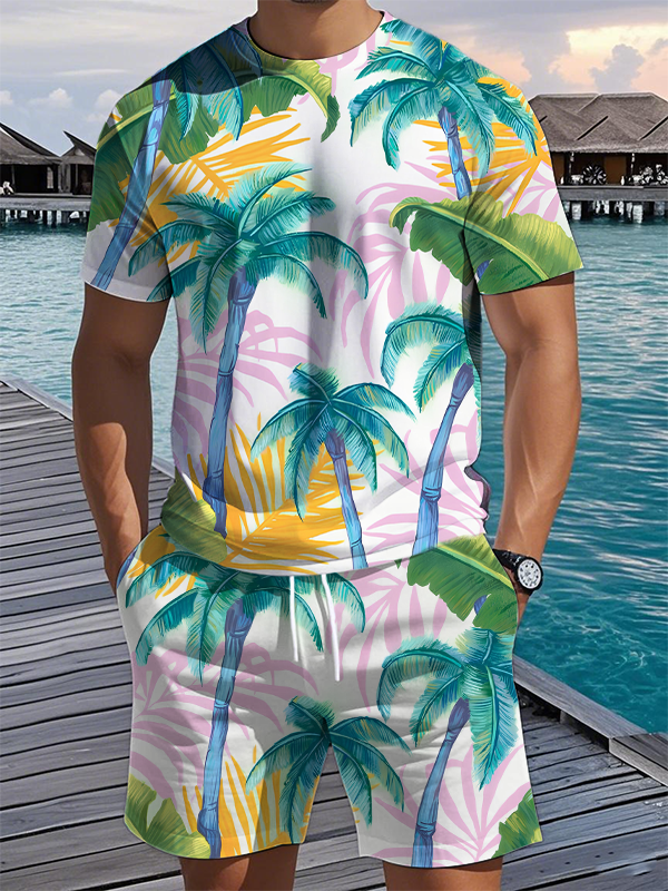 Men's Tropical Coconut Tree Resort Vacation Art Print T-Shirt Shorts Set