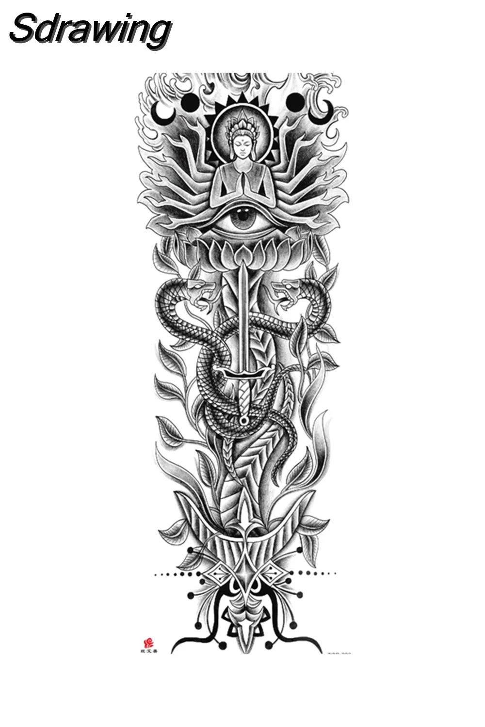 Sdrawing Arm Temporary Tattoo Wolf Lion Fish Horns Geometric Man Body Leg Rose Flower Phoenix Waterproof Sticker Cool Women Tatoo 430-1