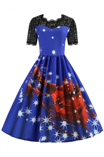 Short Sleeve Lace Patchwork Santa Print Christmas Skater Dress Blue-elleschic