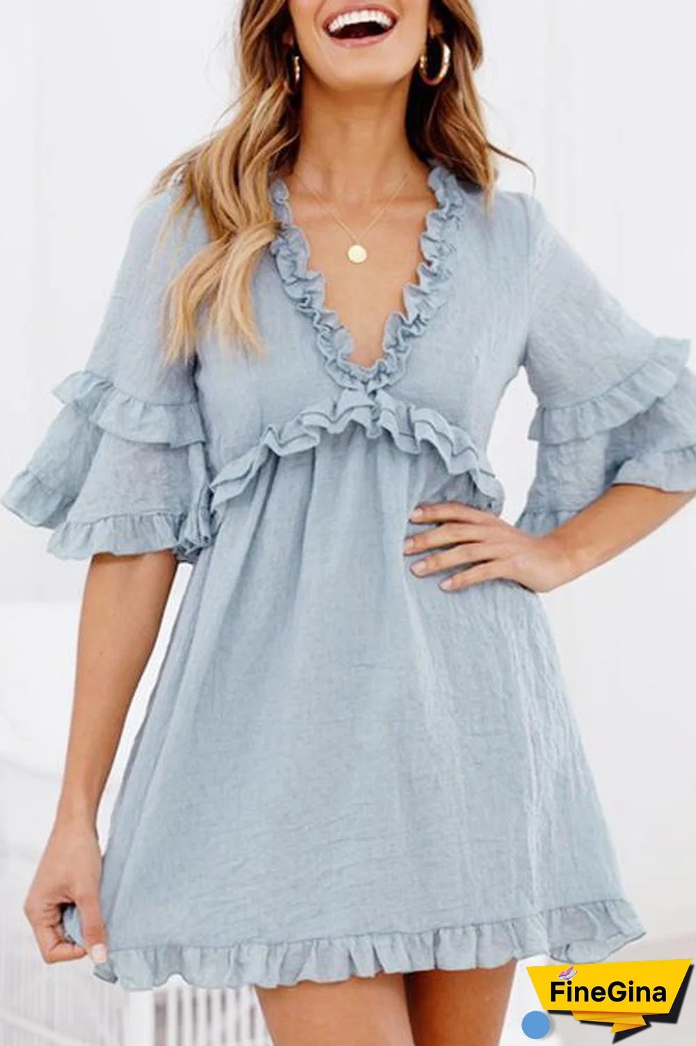 Ruffled Lace-up V-neck Dress