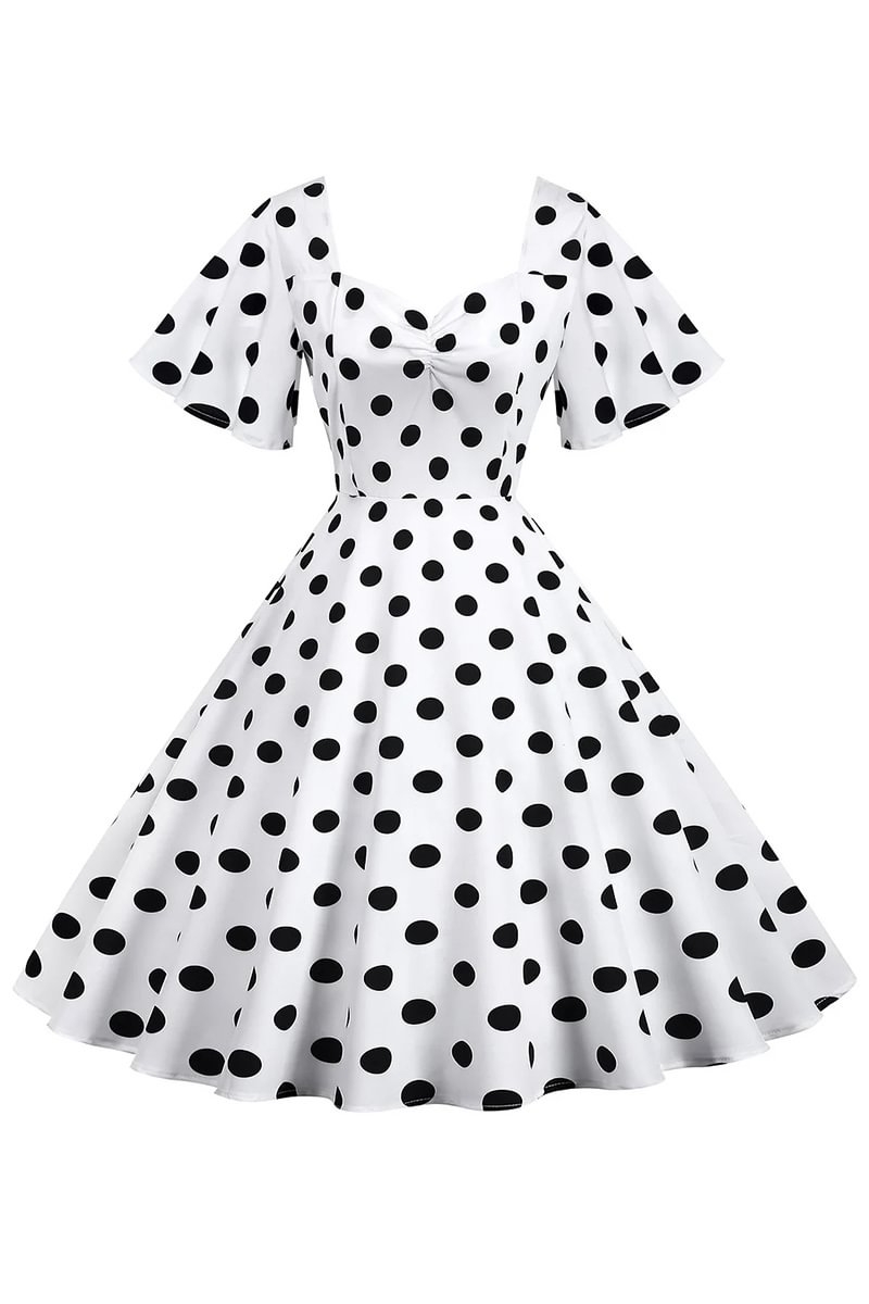 1950s Short Sleeve Polka Knot Large Swing Anual Meeting Midi Dresses