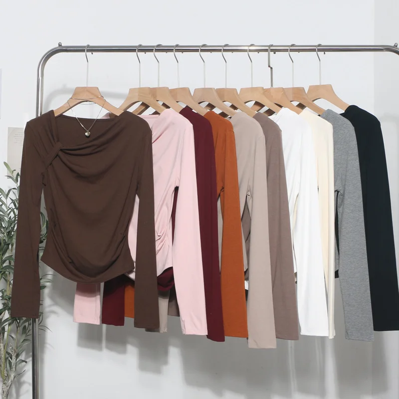 Uveng Side Bow Tie Design Folded Long-Sleeved T-Shirt Slim Thin Autumn Dress T-Shirt Short Top 1662