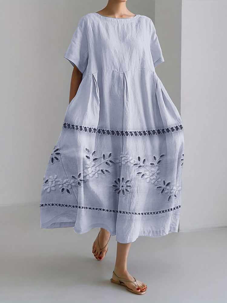 Vintage Floral Hollow Embroidered Linen Blend Maxi Dress artswardrobe