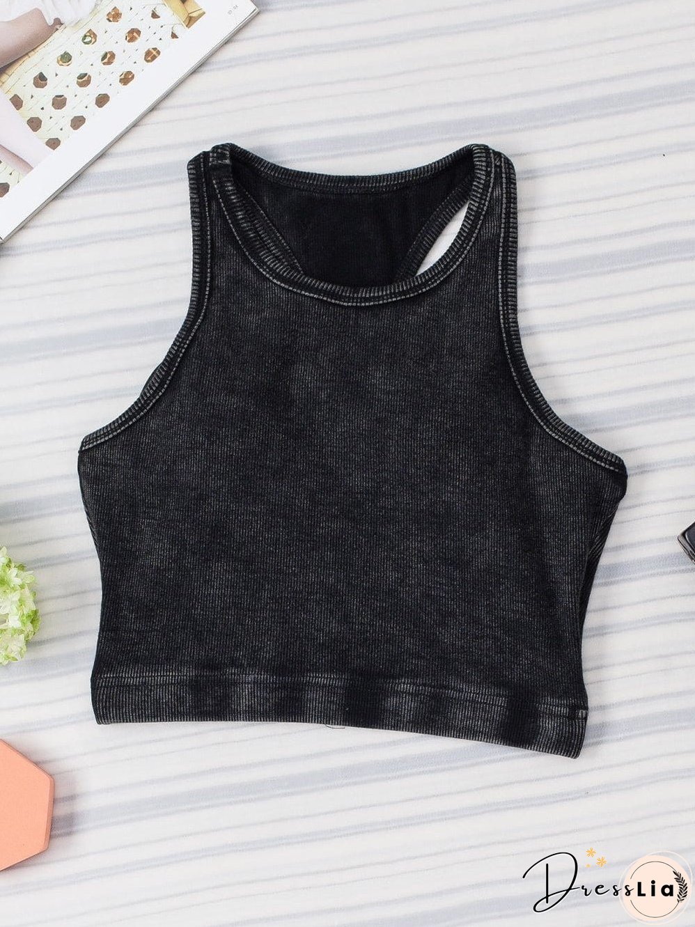 Edgy Black Mineral Wash Ribbed Racerback Crop Top