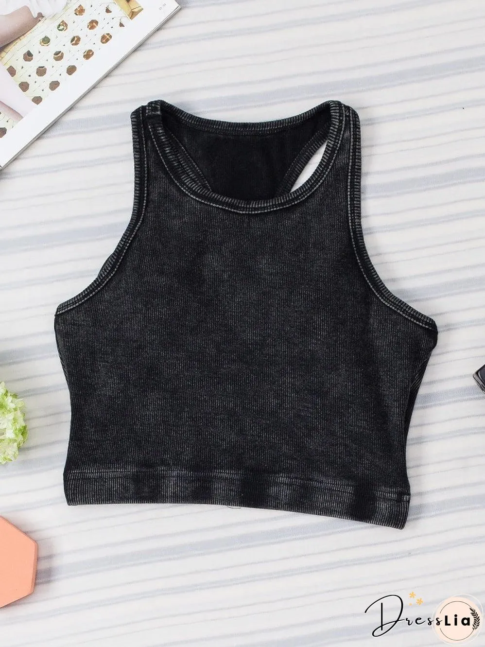 Edgy Black Mineral Wash Ribbed Racerback Crop Top