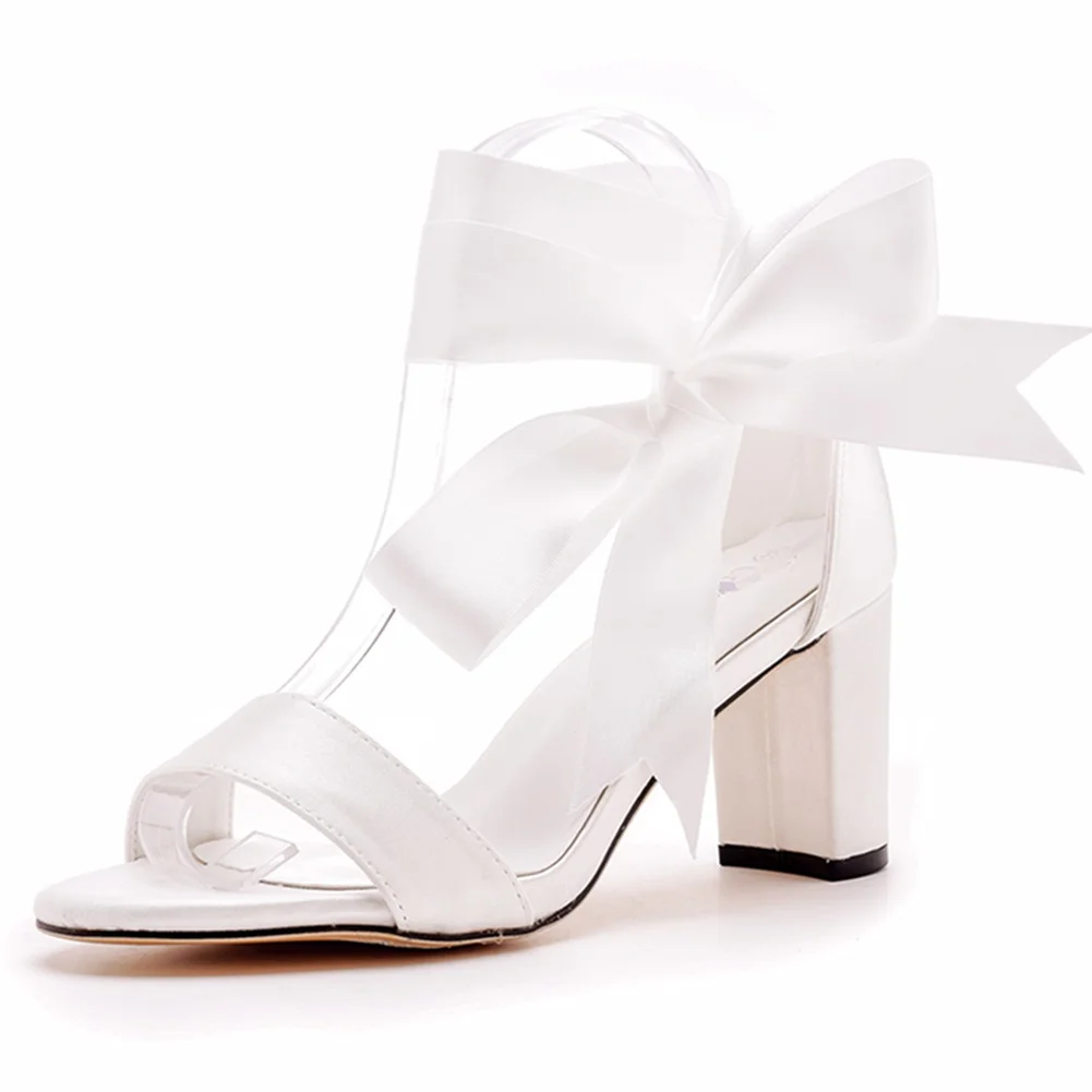 Breakj Breakj Cm Thick Heel Shallow Mouth With Sandals Round Head Square Sandals Rice White Satin Cloth Wedding Dress Sandals