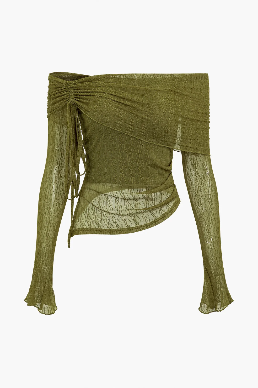 Brownm Vintage Texture Off Shoulder Asymmetric Tie Mesh Top