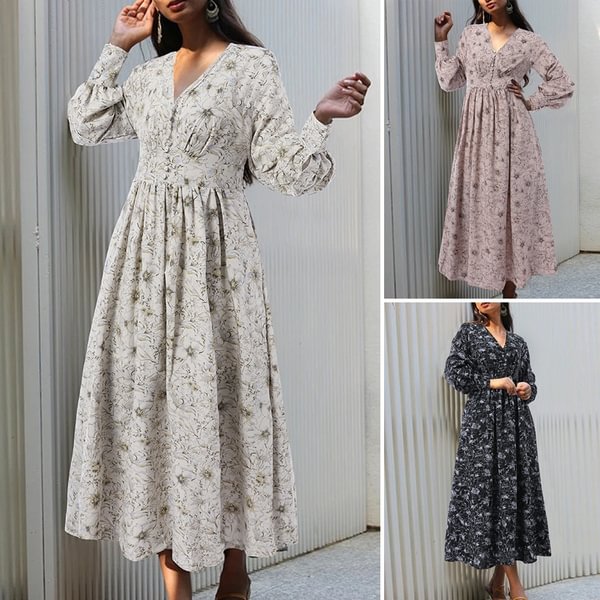 Women V Neck Casual Collect Waist Floral Print Button Front Maxi Dress - BlackFridayBuys