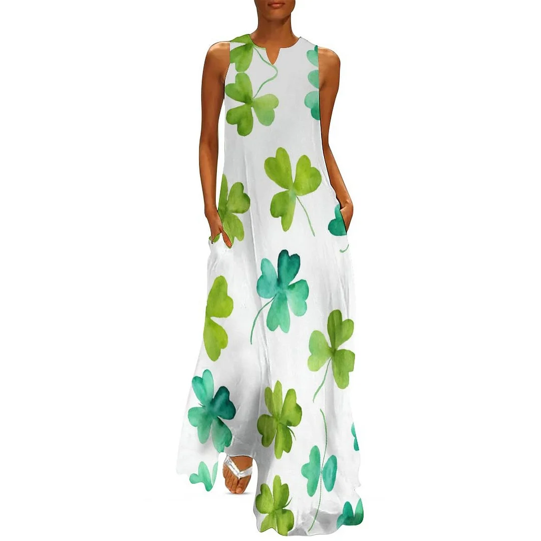 Style & Comfort for Mature Women Plus Size Printed Sleeveless Casual Women Maxi Dress with Pockets in Pattern St. Patrick's Day, Green, Clover, Lucky