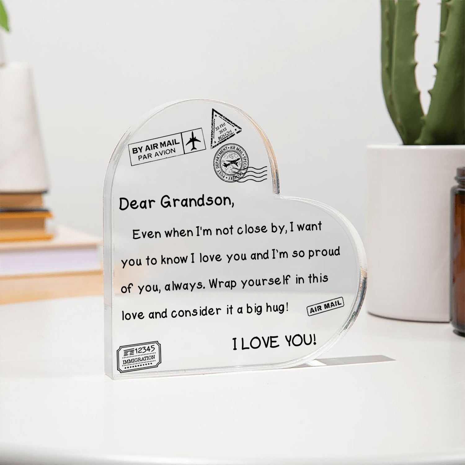 Unique Gift To My Grandson - I Love You - D352 - Heart Shaped Acrylic Plaque