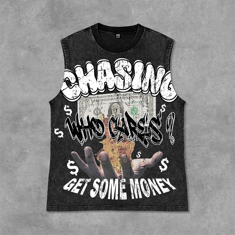 Vintage Chasing Money Graphic Print Acid Washed Street Sleeveless Tank Top SOPULA