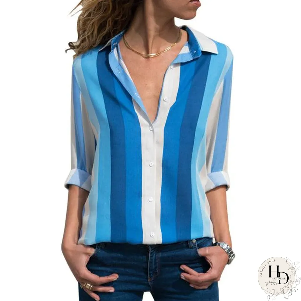 Women Color Block Striped Shirt Elegant Casual Long Sleeve Blouse