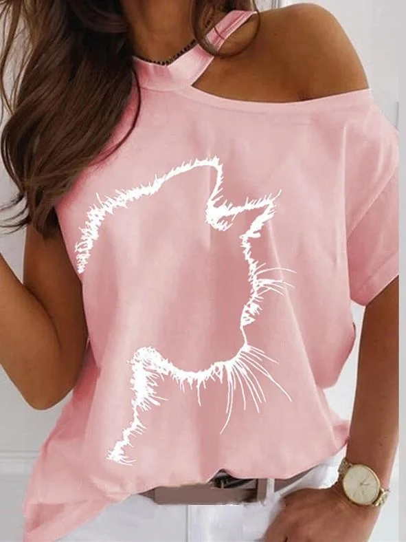 Women Short Sleeve Cold Shoulder Printed Graphic Loose Top