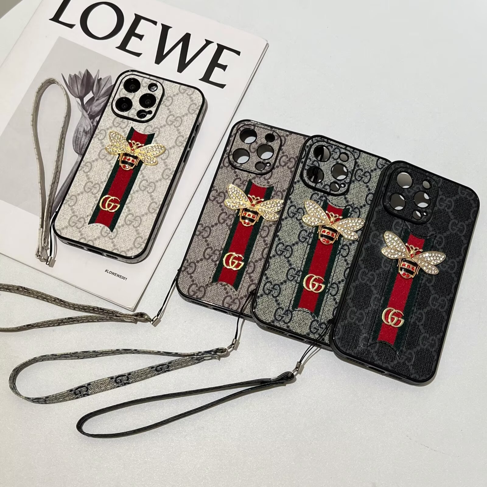 Gucci Bee Diamond Ophidia GG Leather New Apple iPhone Case