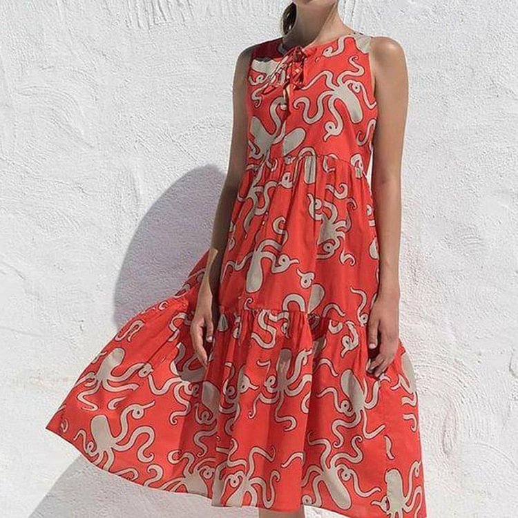 Elegant Print Sleeveless Midi Dress