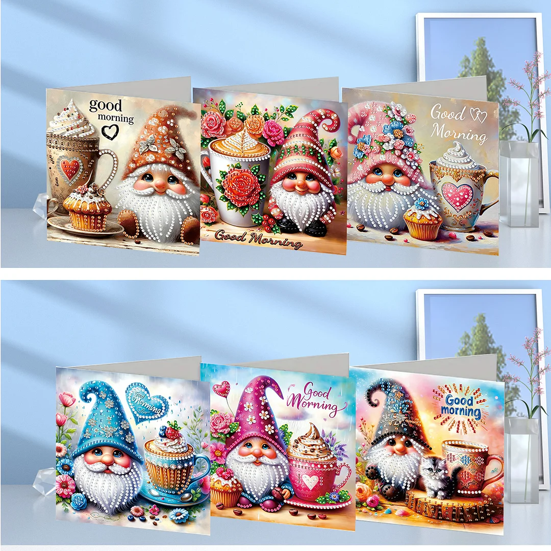 6pcs Good Morning Goblin DIY Diamond Painting Kit Greeting Card with Envelope Diamond Art Painting Greeting Cards for Family Friends Holiday Gift Congratulations