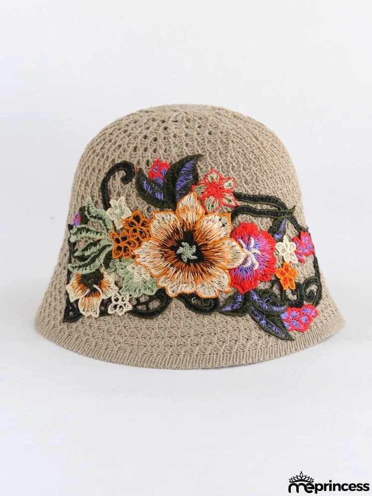 Ethnic embroidered flowers in summer breathable hollow sunscreen fisherman hat female sunshade Joker bucket hat Sun basin hat